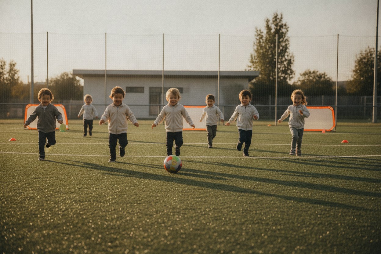 Mini krampon grubunda küçük çocuklar futbol oynuyor